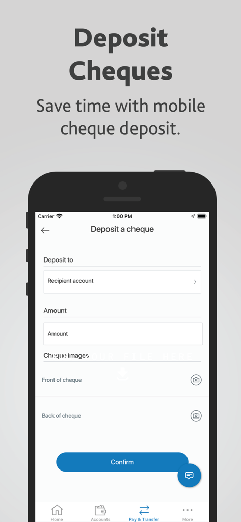 Alterna Bank Mobile Banking - Interface for depositing a cheque using the Alterna Bank mobile app