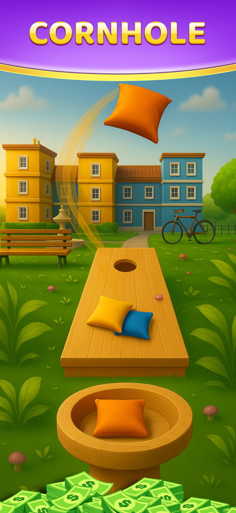 A 3D simulation of a cornhole game where players toss bean bags to win cash rewards
