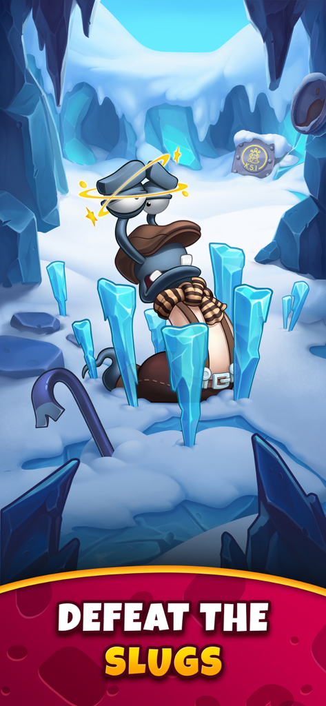 A dizzy slug character in a snowy ice cave with the text Defeat the Slugs.