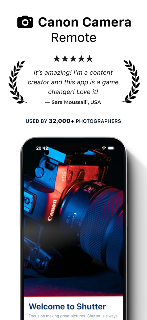 Five star review and testimonial for the Shutter Canon Camera Remote app with a smartphone showing the camera connection