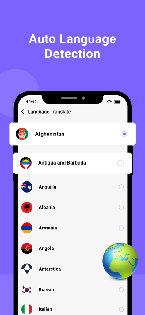 Auto language detection feature screen in the Easy All Languages Translator app showing a list of global languages and flags.