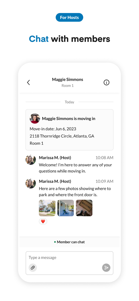 PadSplit: Rooms for rent - A mobile app screen showing a chat between a host and a member moving into a PadSplit room.