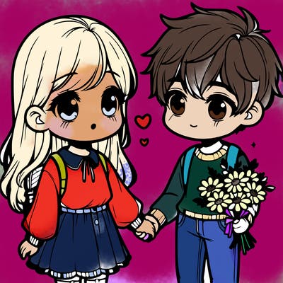 a cute realistic girl holding a boys hand the boy has flowers both blushing