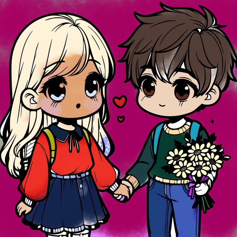 a cute realistic girl holding a boys hand the boy has flowers both blushing