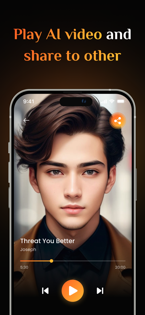 User interface of LipSync app showing an AI avatar video player with play and share buttons