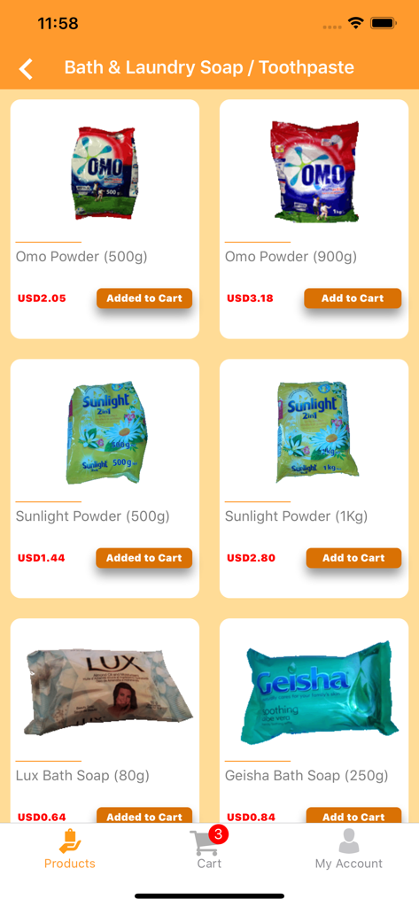 GhanaMart - GhanaMart app screen displaying various laundry detergents and bath soaps for purchase in USD