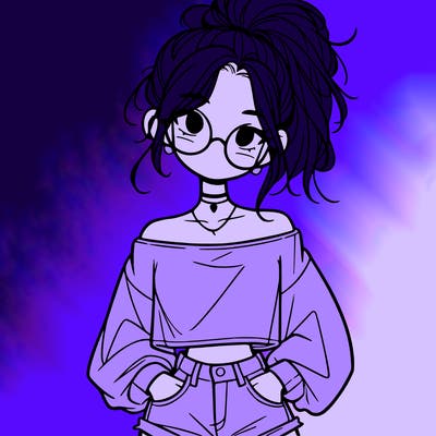 girl with a messy ponytail glasses a baggy crop top and jean shorts