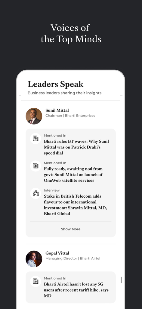 Una pantalla de la aplicación ETTelecom que muestra información y noticias relacionadas con los principales líderes empresariales de telecomunicaciones.