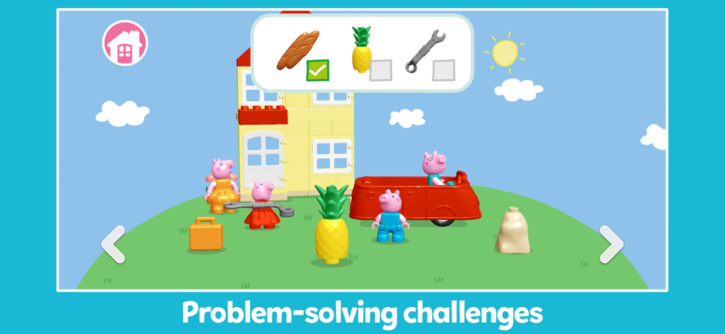 Personajes de LEGO DUPLO Peppa Pig en una escena de juego que muestra desafíos de resolución de problemas con una lista de verificación de elementos