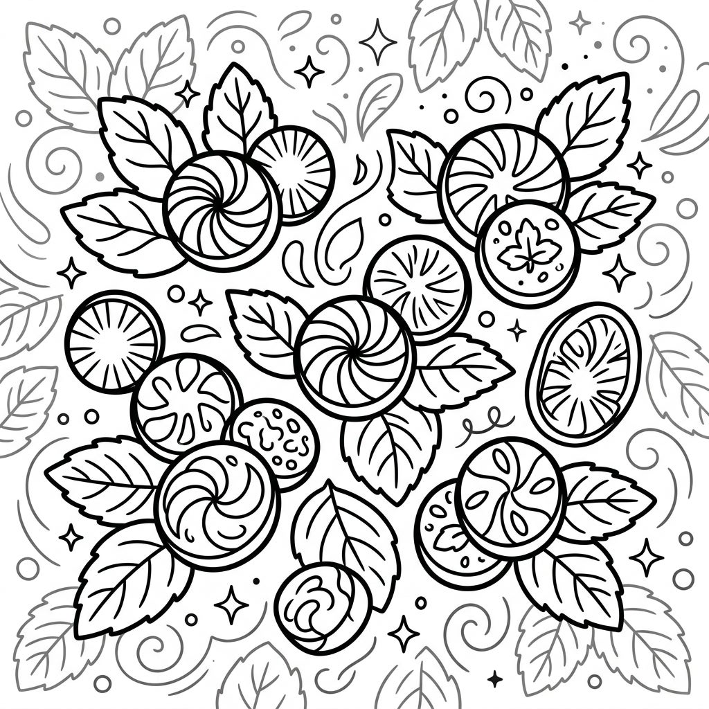 Refreshing Mints & Peppermint Leaves Coloring Page