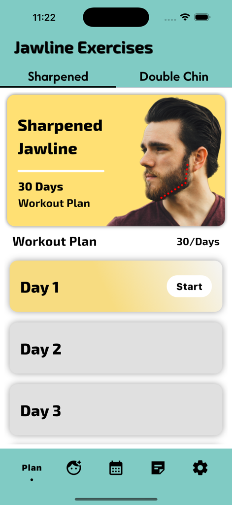 Interface de l'application mobile montrant un plan d'entraînement de 30 jours pour une mâchoire plus nette pour hommes et femmes