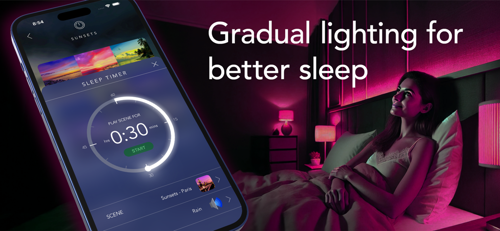 Smartphone screen showing OnSwitch app sleep timer with gradual sunset lighting for better sleep.