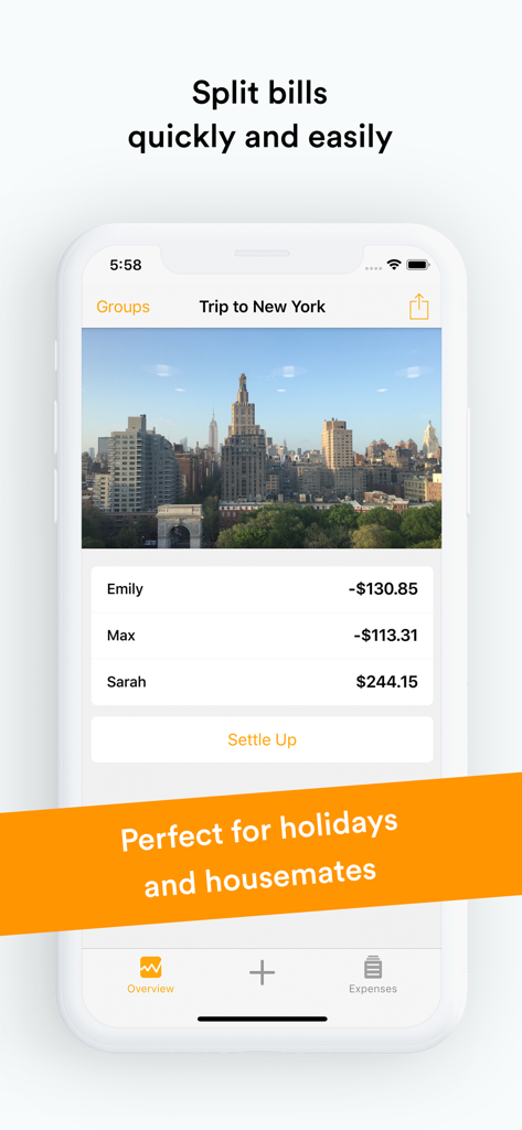 Splid app screen showing group expense summary for a trip to New York with individual balances