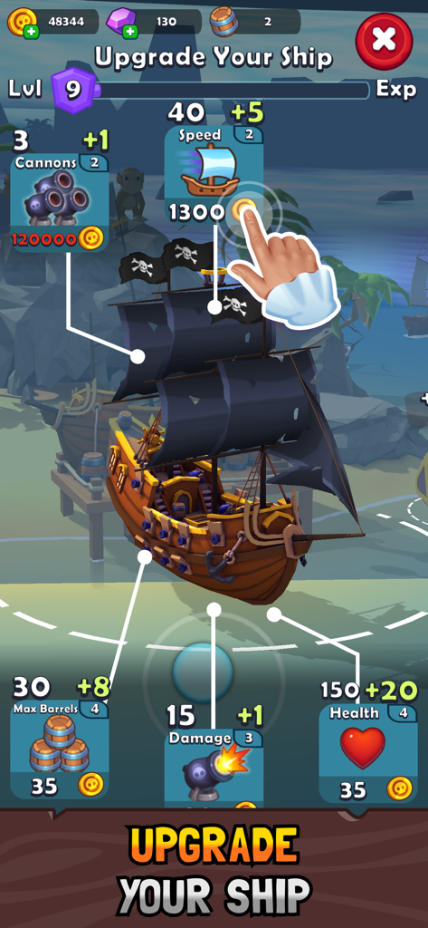 Pirate Raid: Caribbean Battle - Interface d'amélioration de navire dans Pirate Raid montrant diverses statistiques de navire comme la vitesse et les canons.