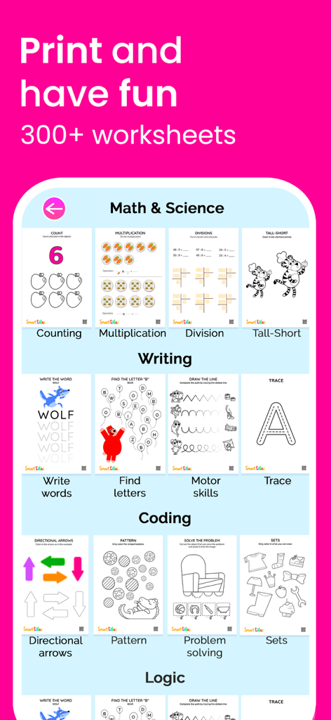 Smart Tales ® Learning Games - A collection of over 300 printable educational worksheets for kids covering math, writing, coding, and logic