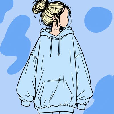 realistic girl with a oversized sweatshirt on and a bun