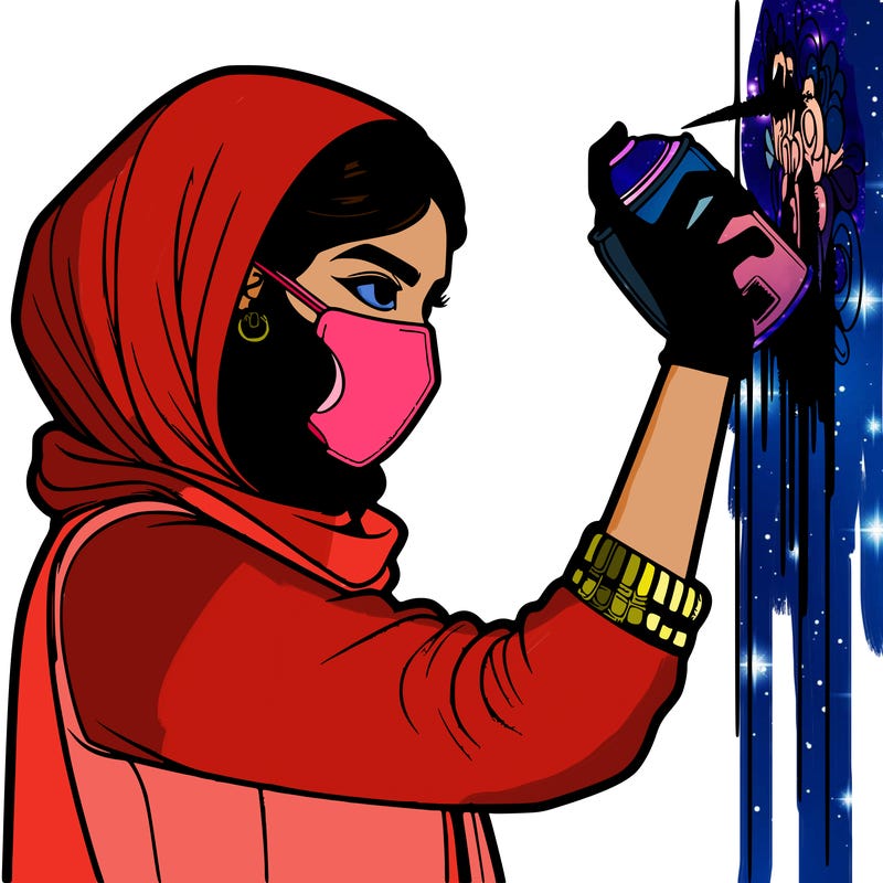 realistic girl with mask spray painting a wall