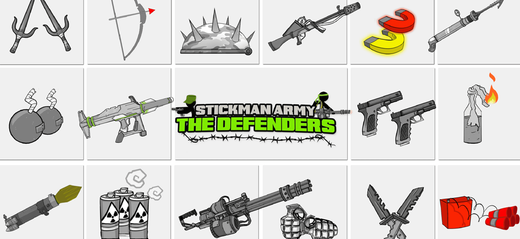 Stickman Army : The Defenders - Grid of weapon icons and military gear from Stickman Army The Defenders