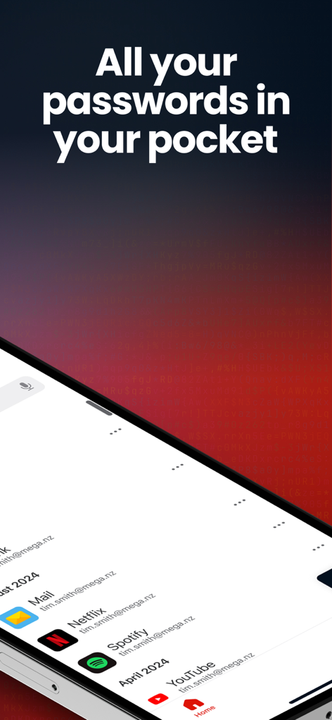 A smartphone screen displaying the MEGA Pass app interface with a list of stored account passwords under the heading All your passwords in your pocket
