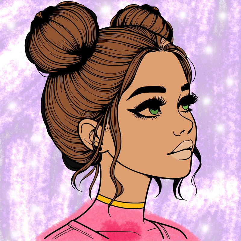 realistic girl with buns on the top of her head
