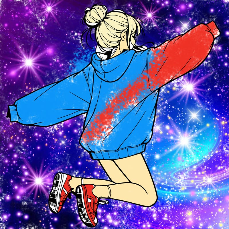 realistic girl jumping with a bun and oversized sweatshirt