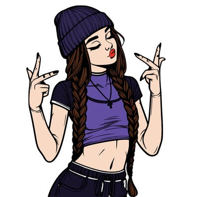 realistic teenage girl with braids and a beanie and crop top doing 🫶🏼