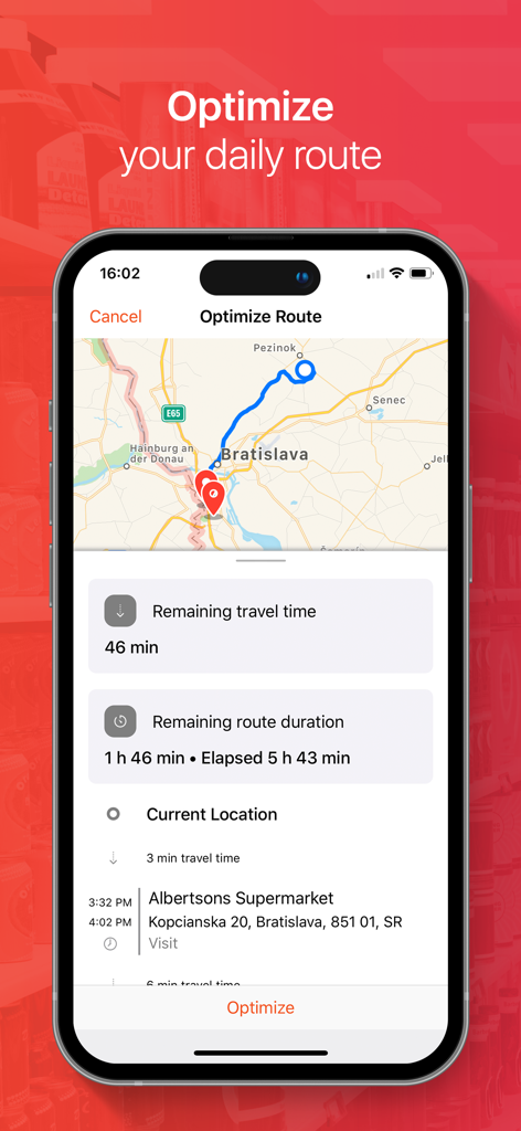 Interface do aplicativo móvel mostrando otimização de rota diária para vendas de campo com um mapa e estatísticas de viagem