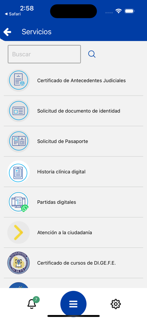 gub.uy - Interface of the gub.uy mobile app displaying a list of government services including passport requests and digital health records.
