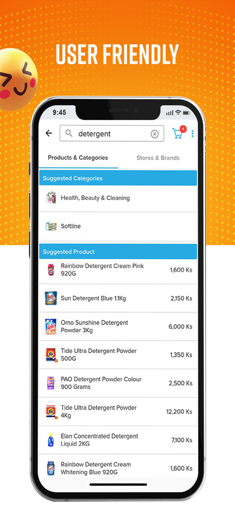 City Mall Online - Die Suchoberfläche der City Mall Online App zeigt vorgeschlagene Waschmittelprodukte und Preise an