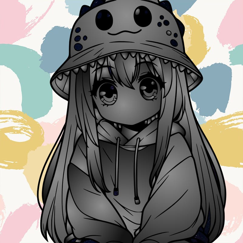 girl with anime shaped eyes with a dinosaur bucket hat oversized sweatshirt long straight hair