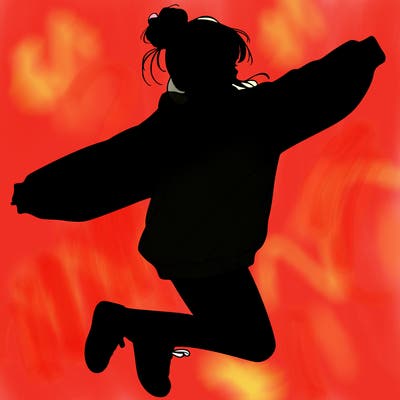 realistic girl jumping with a bun and oversized sweatshirt
