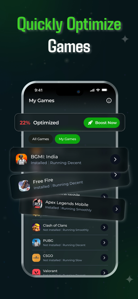 PlayFast - GFX 4X Game Booster - PlayFastアプリのインターフェース。ゲームリストとパフォーマンス最適化ステータスを表示。