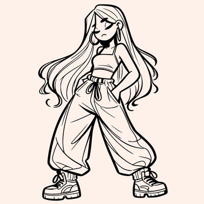 girl in baggy pants crop top and long hair
