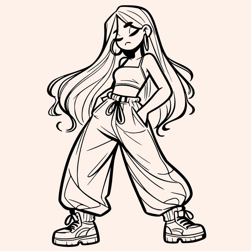 girl in baggy pants crop top and long hair