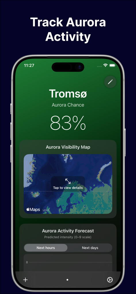 Aurora Now - Uma tela de smartphone exibindo o aplicativo Aurora Now com 83% de chance de luzes do norte em Tromso e um mapa de visibilidade.