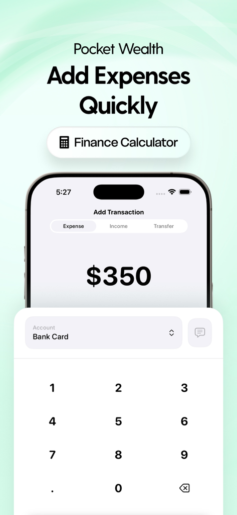 Budget Planner - PocketWealth - Interface of Pocket Wealth app showing the add transaction screen with a numeric keypad and currency input for tracking expenses