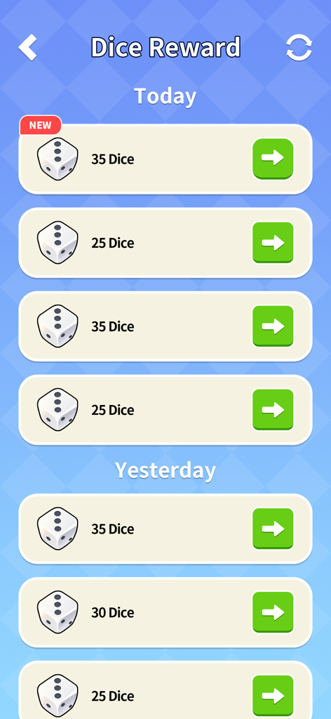 GO! Dice Rewards: Dice & Event - A list of daily dice reward links for Monopoly GO players categorized by date with amounts like 35 and 25 dice.