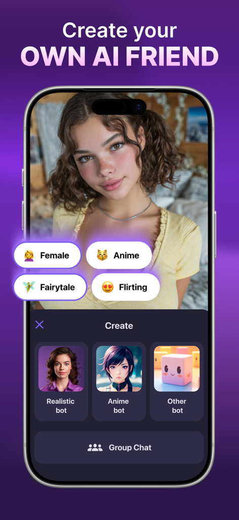 Botify AI: Create. Chat. Bot - A smartphone showing the Botify AI app interface for creating a personalized digital friend with options for realistic or anime characters.