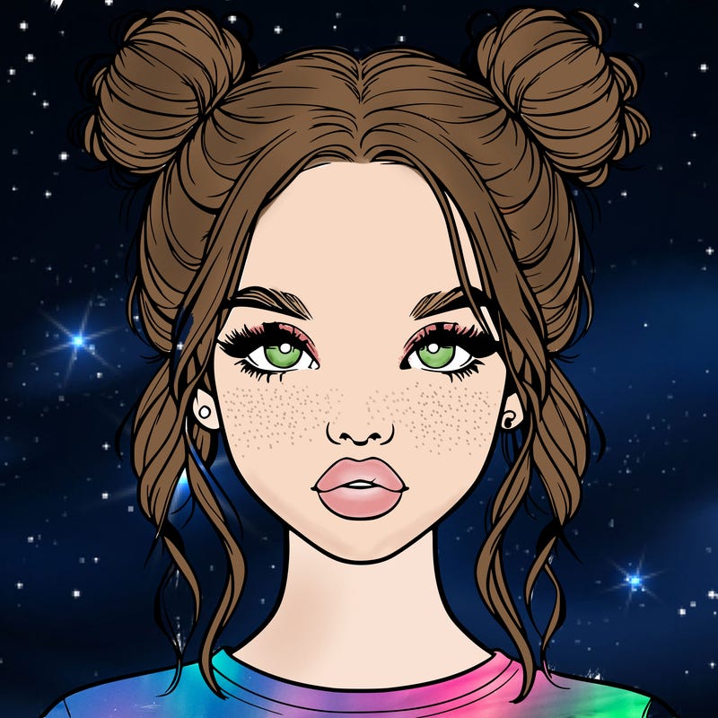 realistic girl with two buns in hair and lips