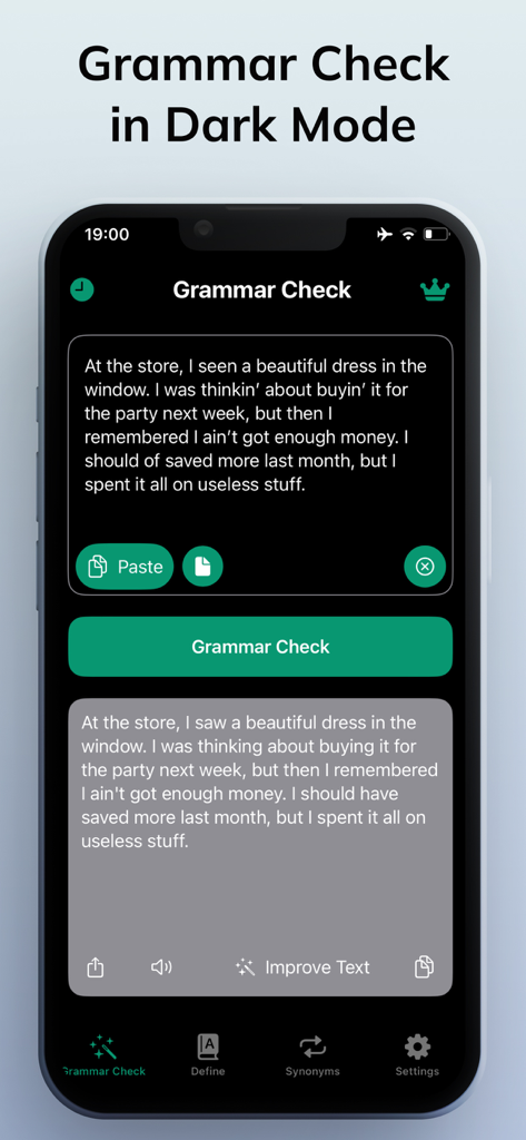 Grammar Check Corrector AI - Grammar Check app interface in dark mode on an iPhone showing text correction and AI writing improvement features