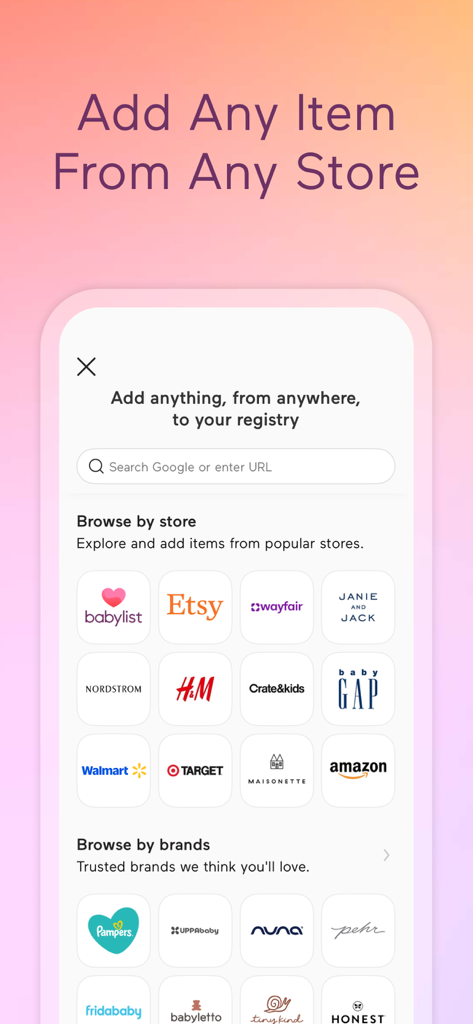 Babylist app screen showing a search bar and icons of popular retailers like Target Amazon and Etsy to add items to a baby registry