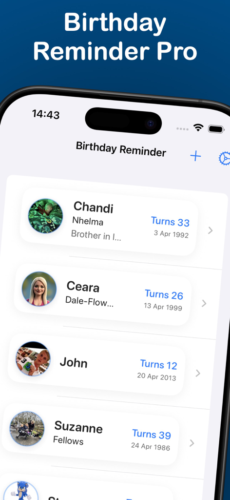 Birthday Reminder Pro - A clean mobile app interface showing a list of upcoming birthdays with profile pictures names and turning ages