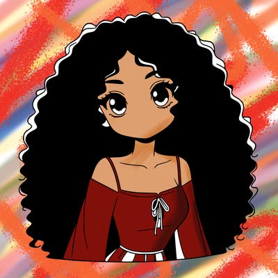 a black anime girl with long afro hair