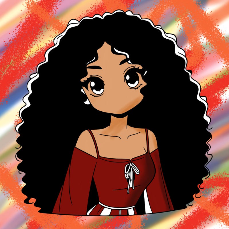 a black anime girl with long afro hair