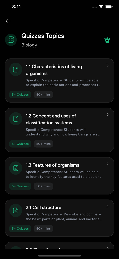 Estudy Learn - Estudy Learnアプリの生物学クイズのトピックリスト。細胞構造や生物の特徴などの学習モジュールが表示されています。