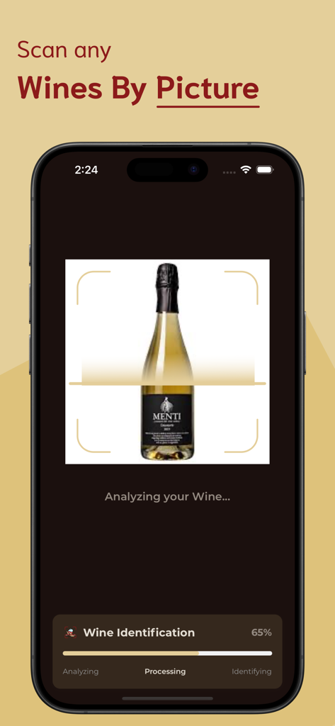 Wine Identifier - Schermata dello smartphone che mostra l'app Identificatore di Vini mentre scansiona l'etichetta di una bottiglia di vino con l'IA.