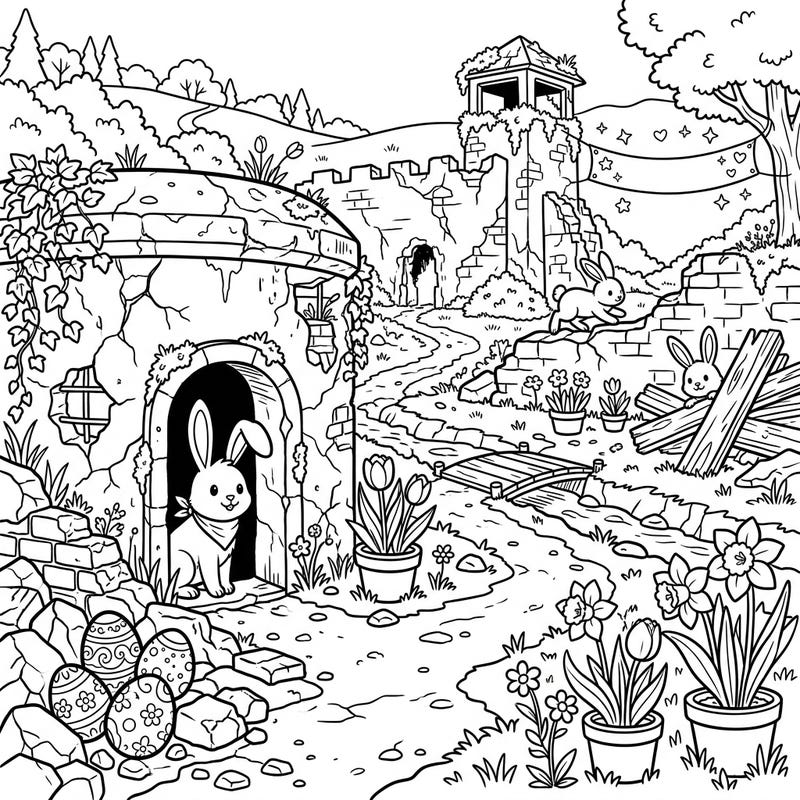 Embark on a creative journey with this captivating Easter coloring page, where playful bunnies and vibrant eggs bring joy to a landscape of ancient military ruins. Discover a delightful blend of history and spring festivities, perfect for a unique coloring experience.