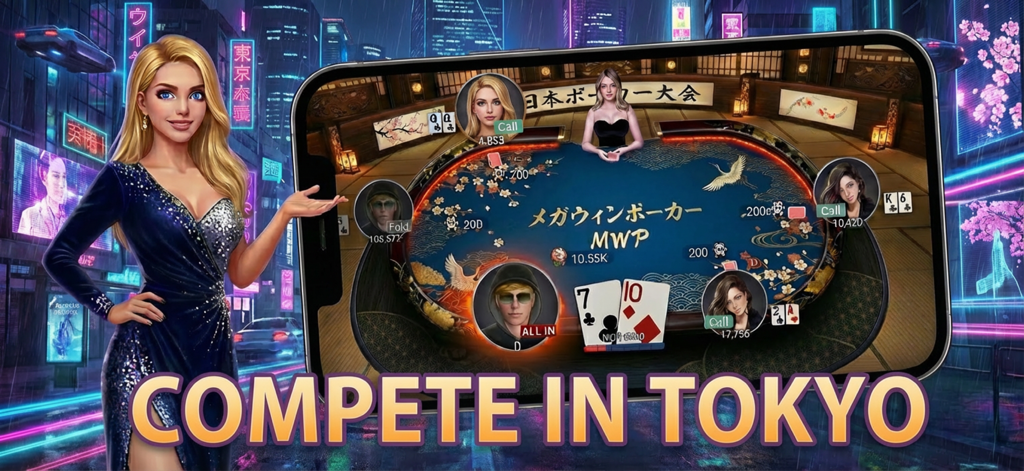 東京の街をテーマにしたテキサスホールデムポーカーのトーナメントゲームプレイ。魅力的なホステスが登場します。