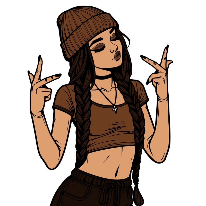 realistic teenage girl with braids and a beanie and crop top doing 🫶🏼