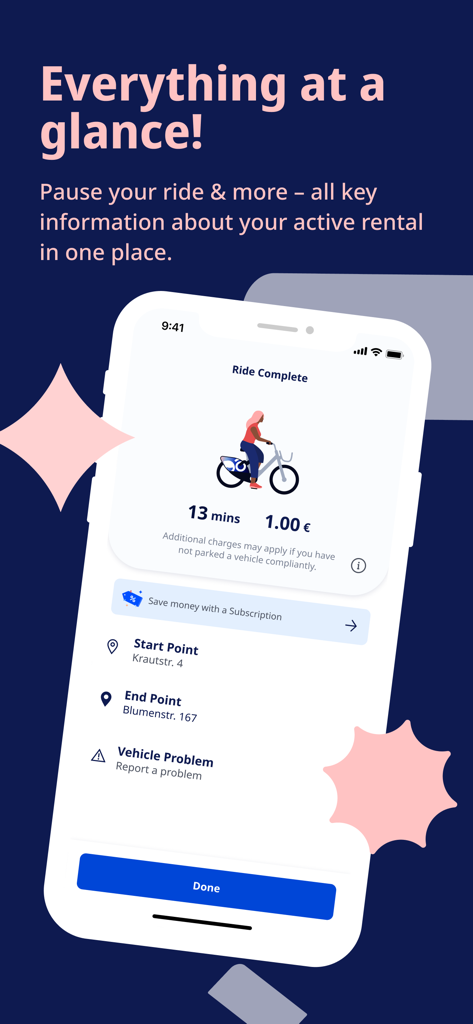 期間と料金を含む完了したライドの概要を示すNextbikeアプリのインターフェース